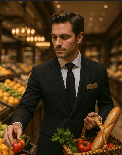 Man in suit shopping for produce in a grocery store, holding a basket with bread and vegetables.