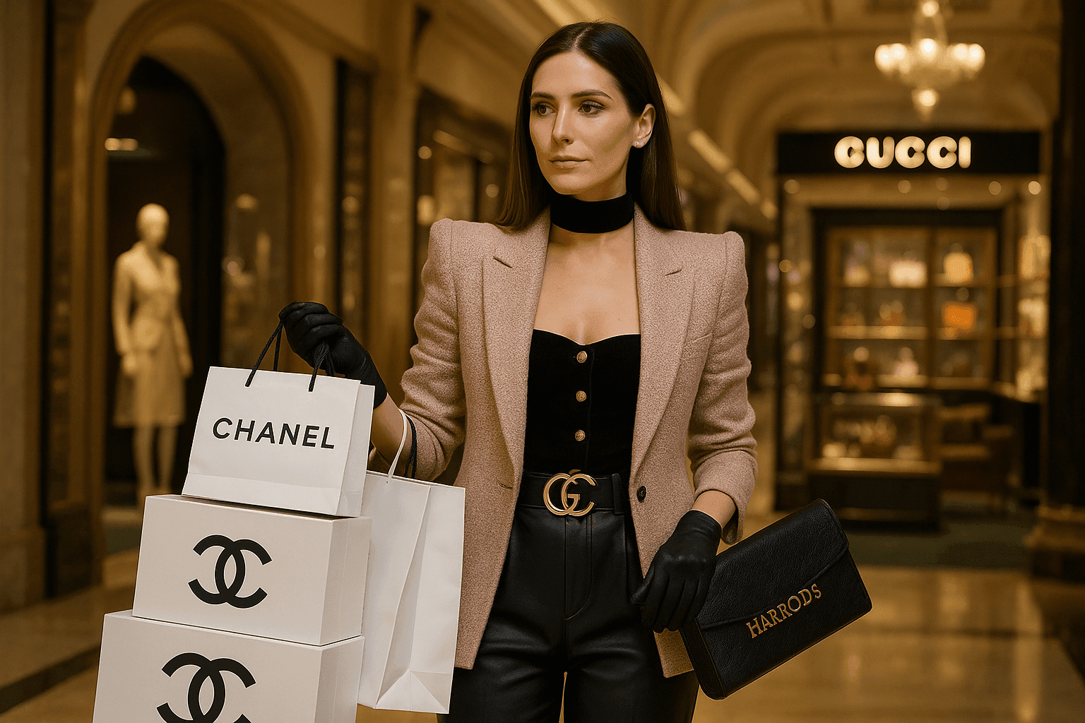 Woman in stylish outfit holding Chanel bags and Harrods clutch in a luxury shopping mall.