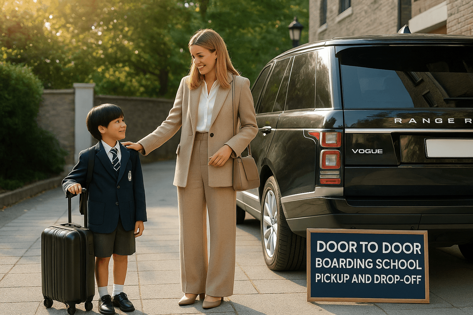 Woman and boy in school uniform standing by SUV with sign for boarding school pickup and drop-off.