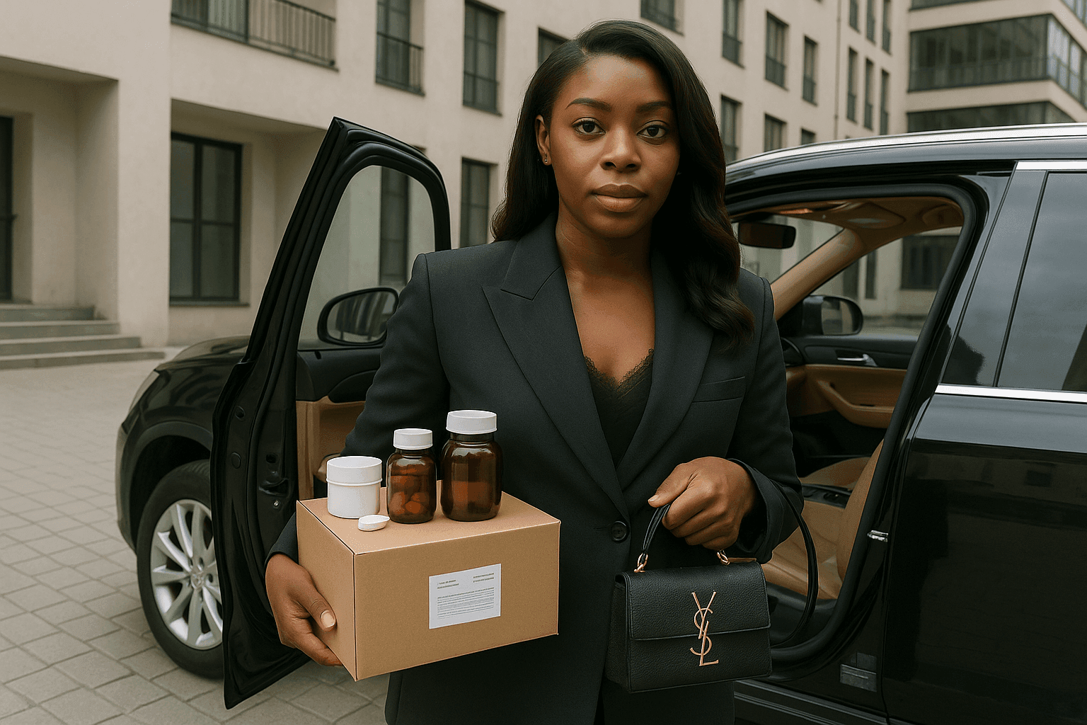 Woman in suit holding a package with bottles, standing beside car with open door.