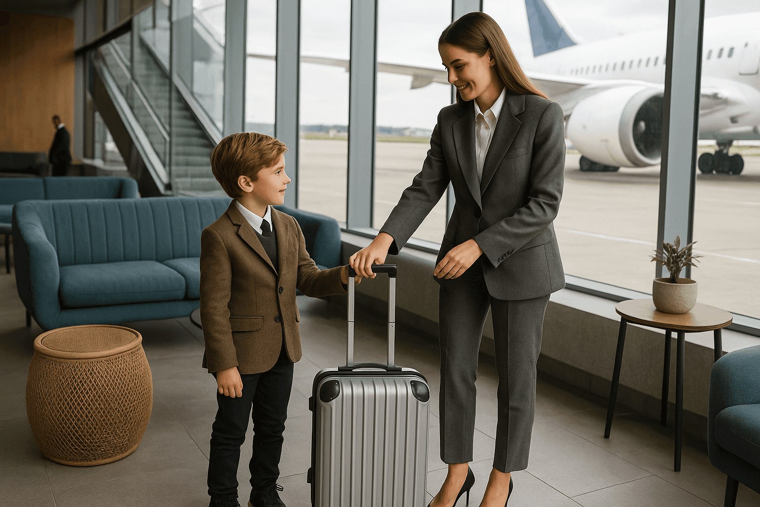 Elegantly dressed woman and young boy with suitcase in airport terminal, airplane visible outside large windows.